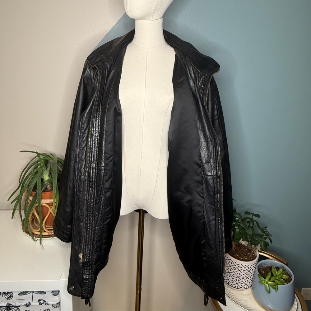 Vintage 90s Oversized Black Genuine Leather Coat L Minimalist Longline Y2K - Picture 3 of 13